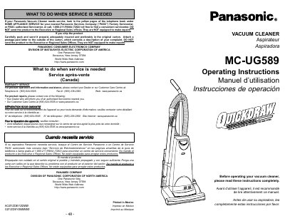 Panasonic MC-UG589 Vacuum Cleaner Operating Instructions - cover page