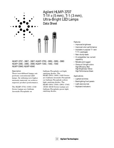 AVAGO TECHNOLOGIES Agilent HLMP-3707 T-13/4 (5 mm) T-1 (3 mm) Ultra-Bright LED Lamps handbook - cover page