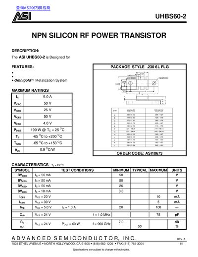 ASI UHBS60-2 NPN Silicon RF Power Transistor Datasheet - cover page
