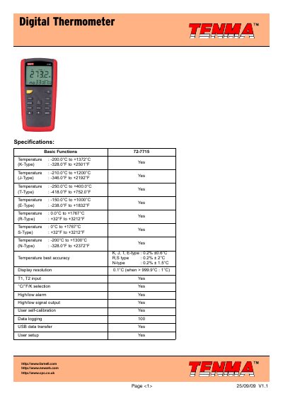Tenma 72-7715 Digital Thermometer Datasheet - cover page