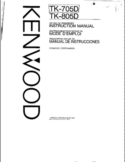 Kenwood TK-705D / TK-805D VHF/UHF FM Transceiver Instruction Manual - cover page