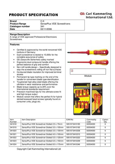 Carl Kammerling 341 Product Specification - cover page