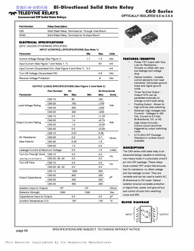 Teledyne Relays C60 Series Bi-Directional Solid State Relay Datasheet - cover page