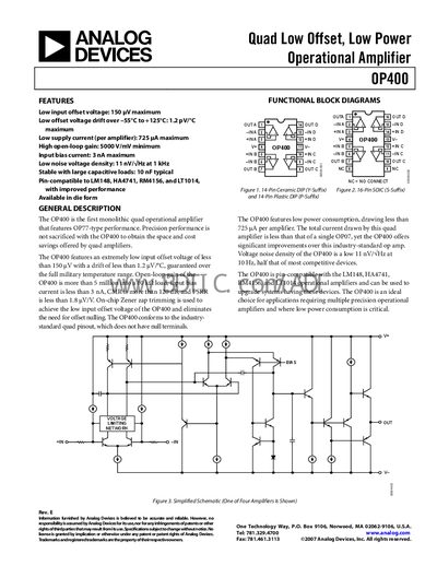 Analog Devices OP400 Quad Operational Amplifier Datasheet - cover page