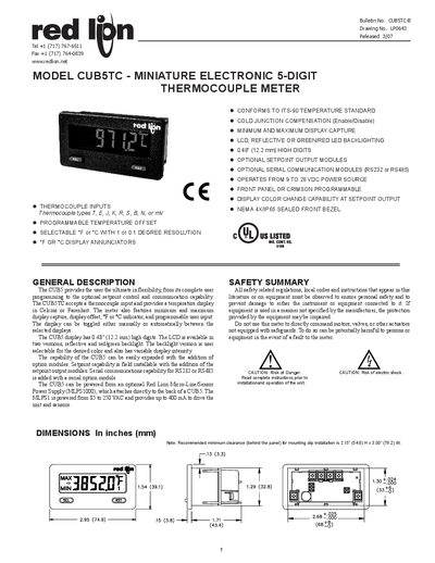REDLION CUB5TC - MINIATURE ELECTRONIC 5-DIGIT THERMOCOUPLE METER Manual - cover page