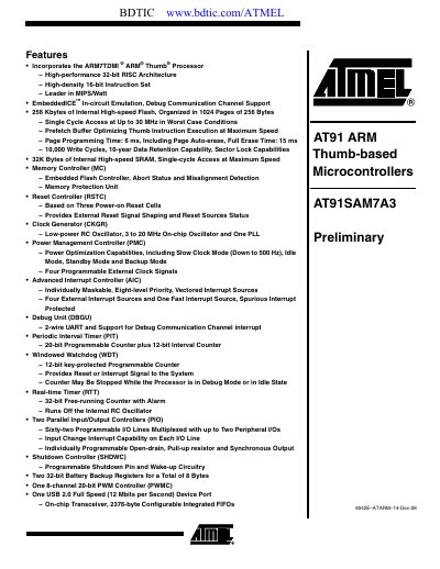 Atmel AT91SAM7A3 Microcontroller Datasheet - cover page