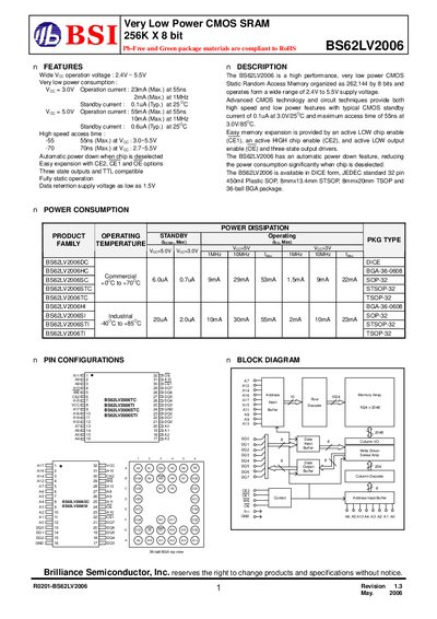 BSI BS62LV2006 Very Low Power CMOS SRAM Datasheet - cover page