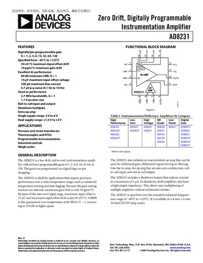 Analog Devices AD8231 Instrumentation Amplifier Datasheet - cover page