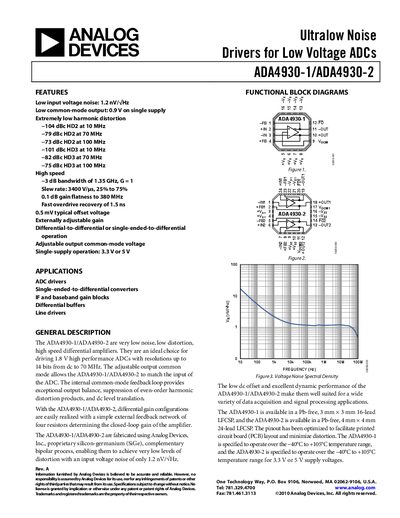 Analog Devices ADA4930-1/ADA4930-2 Ultralow Noise Drivers Data Sheet - cover page