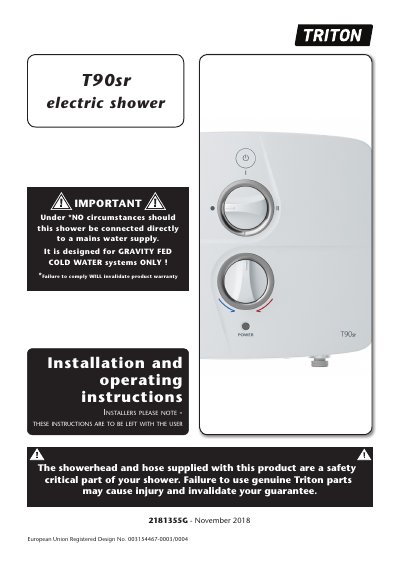 Triton T90sr Electric Shower Installation and Operating Instructions
