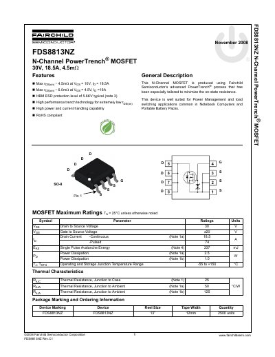 Fairchild Semiconductor FDS8813NZ N-Channel PowerTrench MOSFET Datasheet - cover page