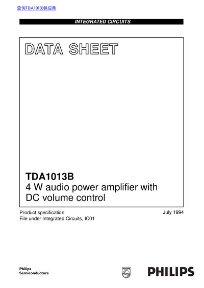 Philips TDA1013B 4 W Audio Power Amplifier Datasheet - cover page