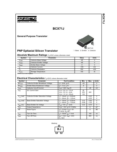 Fairchild Semiconductor BCX71J PNP Epitaxial Silicon Transistor Datasheet - cover page