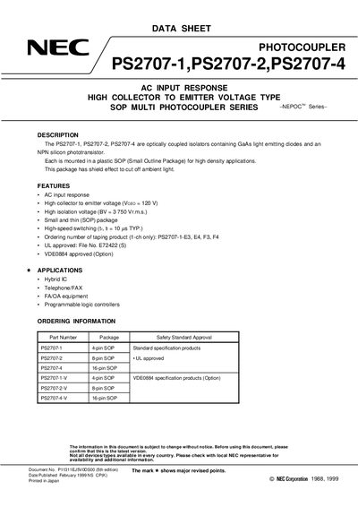 NEC PS2707-1 PS2707-2 PS2707-4 PHOTOCOUPLER handbook - cover page