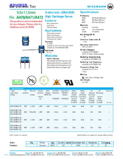 Wickmann A470/A471/A472 High Discharge Series Gas Discharge Tube Datasheet - cover page