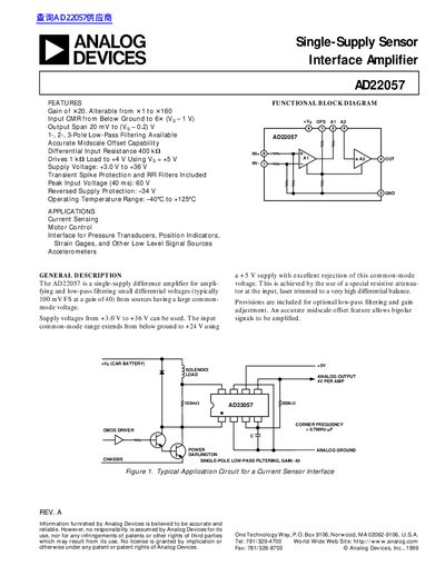 Analog Devices AD22057 Single-Supply Sensor Interface Amplifier Datasheet - cover page