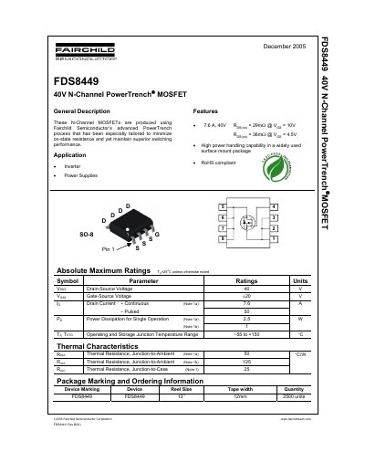 Fairchild Semiconductor FDS8449 N-Channel PowerTrench MOSFET Datasheet - cover page