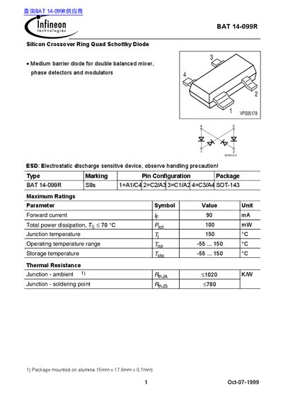Infineon BAT 14-099R Silicon Crossover Ring Quad Schottky Diode Datasheet - cover page