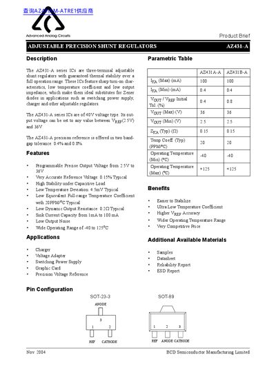 Advanced Analog Circuits AZ431-A Adjustable Precision Shunt Regulator Product Brief - cover page