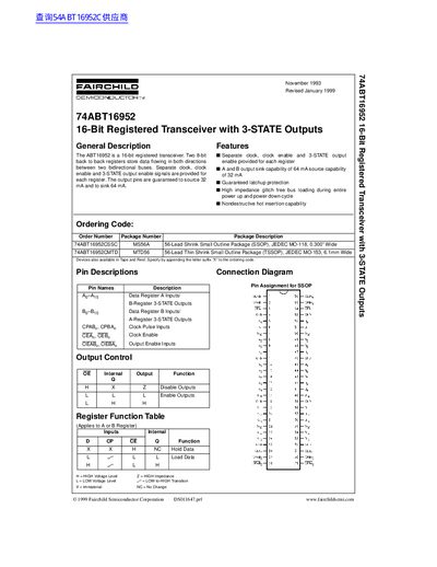 FAIRCHILD 74ABT16952 16-Bit Registered Transceiver with 3-STATE Outputs handbook