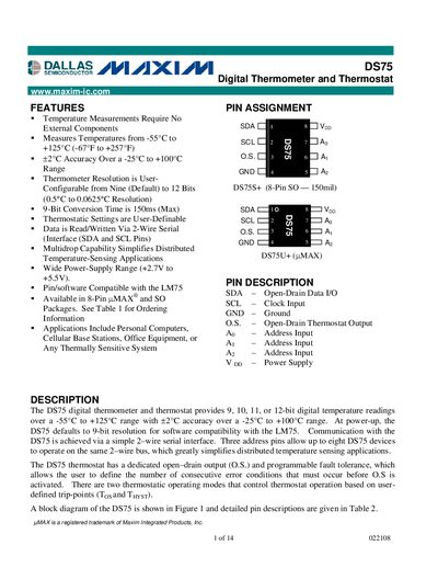 Maxim DS75 Digital Thermometer Datasheet - cover page