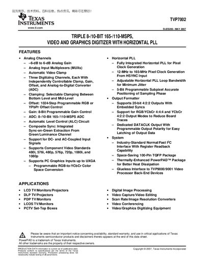 Texas Instruments TVP7002 Datasheet - cover page
