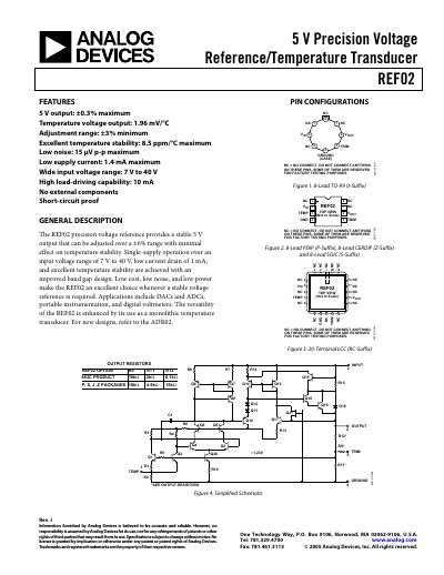 Analog Devices REF02 Precision Voltage Reference/Temperature Transducer Datasheet - cover page