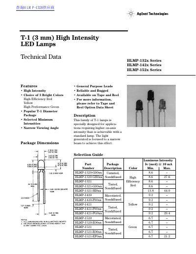 Agilent Technologies HLMP-132x Series HLMP-142x Series HLMP-152x Series T-1 (3 mm) High Intensity LED Lamps Technical Data handbook