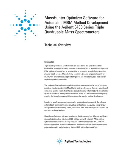 Agilent MassHunter Optimizer Software for Automated MRM Method Development Using the Agilent 6400 Series Triple Quadrupole Mass Spectrometers Manual - cover page
