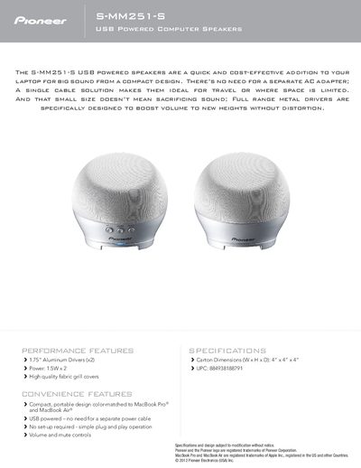 Pioneer S-MM251-S USB Powered Computer Speakers Product Leaflet - cover page