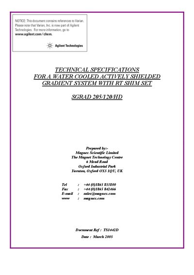 Agilent SGRAD 205/120/HD Water Cooled Gradient System Technical Specifications - cover page