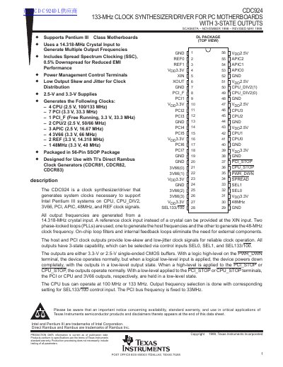 TEXAS INSTRUMENTS CDC924 133-MHz CLOCK SYNTHESIZER/DRIVER FOR PC MOTHERBOARDS WITH 3-STATE OUTPUTS handbook - cover page