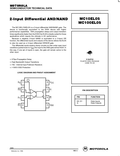 Motorola MC10EL05/MC100EL05 2-Input Differential AND/NAND Datasheet - cover page