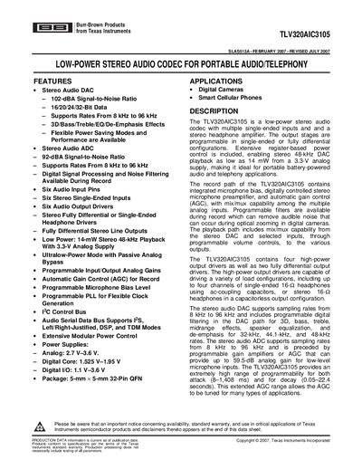 Texas Instruments TLV320AIC3105 Audio Codec Datasheet - cover page