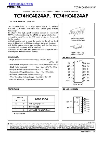 Toshiba TC74HC4024AP/AF 7-Stage Binary Counter Datasheet - cover page