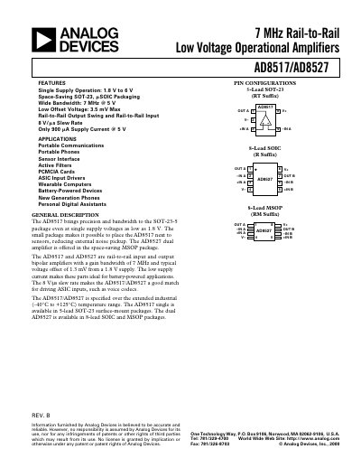 Analog Devices AD8517/AD8527 Operational Amplifier Datasheet - cover page