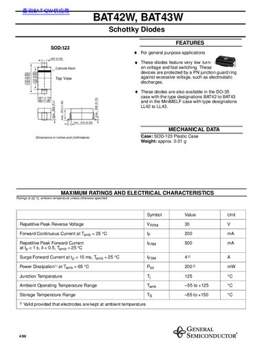 General Semiconductor BAT42W/BAT43W Datasheet - cover page