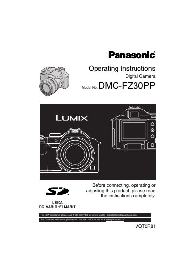 Panasonic DMC-FZ30 Digital Camera Operating Instructions