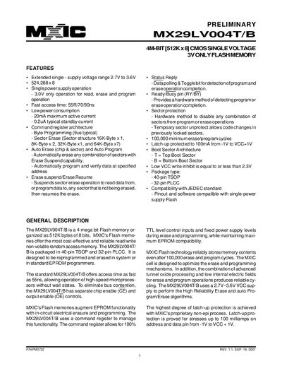 MXIC MX29LV004T/B handbook - cover page