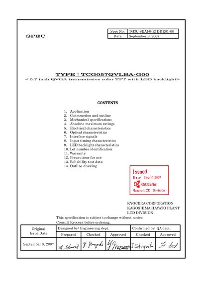 KYOCERA - Spec No. TQ3C-8EAF0-E1DDE81-00 &aacute;SPEC Date September 8 2007 TYPE : TCG057QVLBA-G00  - cover page