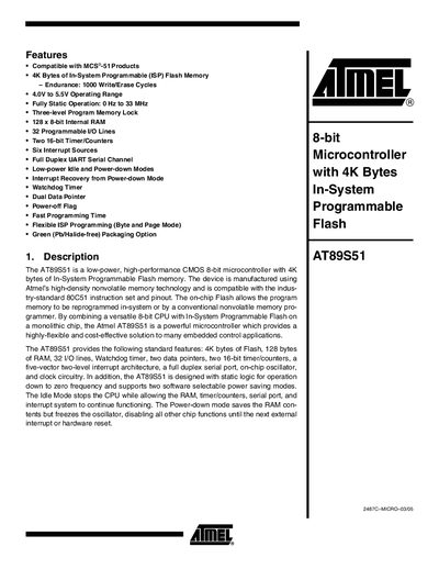 Atmel AT89S51 8-bit Microcontroller Datasheet - cover page