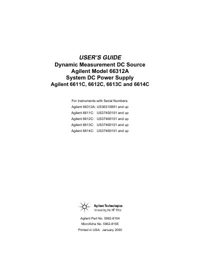 Agilent 66312A Dynamic Measurement DC Source and 6611C/6612C/6613C/6614C System DC Power Supply User's Guide - cover page