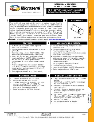 Microsemi 1N821UR thru 1N829AUR-1 Datasheet - cover page
