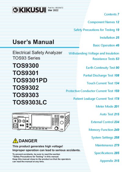 Kikusui TOS93 Series Electrical Safety Analyzer User Manual - cover page