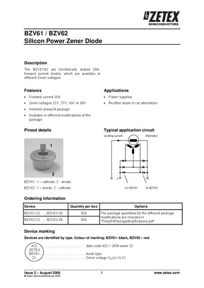 Zetex BZV61 / BZV62 Silicon Power Zener Diode Datasheet - cover page
