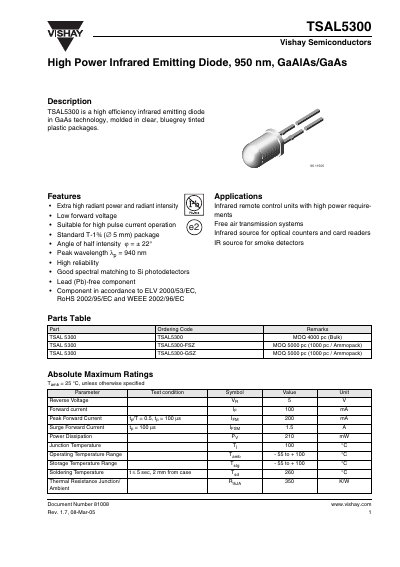 Vishay TSAL5300 Infrared Emitting Diode Datasheet - cover page