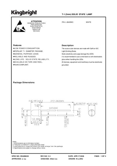 Kingbright T-1 (3mm) L-934MWC Solid State Lamp Datasheet - cover page