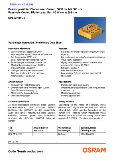 OSRAM SPL MN81G2 Diode Laser Bar Preliminary Data Sheet - cover page