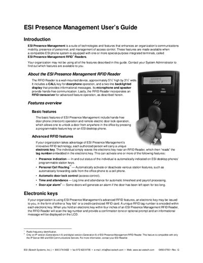 ESI Presence Management RFID Reader User Guide - cover page