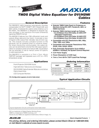 Maxim MAX3815 TMDS Digital Video Equalizer for DVI/HDMI Cables Datasheet - cover page